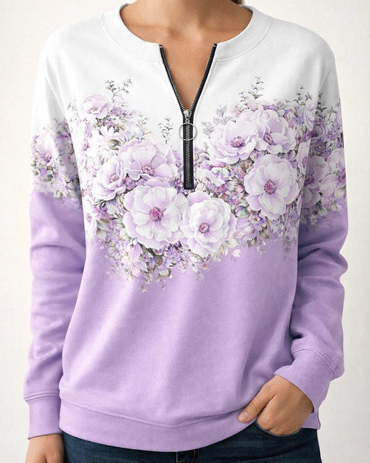 New Women's Explosion Botanical Floral Print V-neck Long Sleeve Pullover Loose Type Comfortable Casual Sweatshirt | JRSEE:368d391c-c824-4564-a71e-81e2b417ed95
