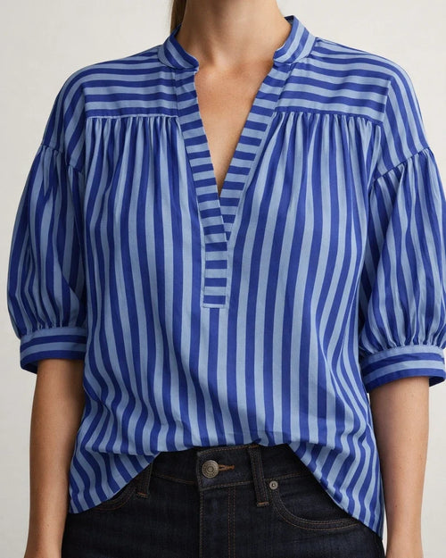 New Women's Fashion Wild Loose Striped Shirt Short Sleeve Lantern Sleeve | JRSEE:d8a23654-dce6-4223-b20c-930c7accb117