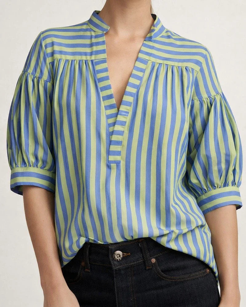 New Women's Fashion Wild Loose Striped Shirt Short Sleeve Lantern Sleeve | JRSEE:78d3f858-37cb-4708-8500-cdeee33c57d9