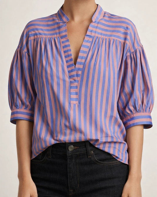 New Women's Fashion Wild Loose Striped Shirt Short Sleeve Lantern Sleeve | JRSEE:b6a9cdfd-4f12-4dd1-8aea-58ac01ebda62