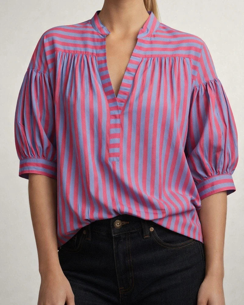 New Women's Fashion Wild Loose Striped Shirt Short Sleeve Lantern Sleeve | JRSEE:2600eb44-63f7-4261-b789-556f3513b1c6