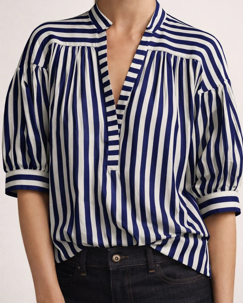New Women's Fashion Wild Loose Striped Shirt Short Sleeve Lantern Sleeve | JRSEE:39e6241b-c89b-4d9a-96b6-6758aebe1fd3