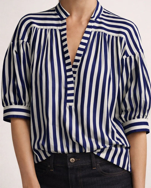 New Women's Fashion Wild Loose Striped Shirt Short Sleeve Lantern Sleeve | JRSEE:39e6241b-c89b-4d9a-96b6-6758aebe1fd3