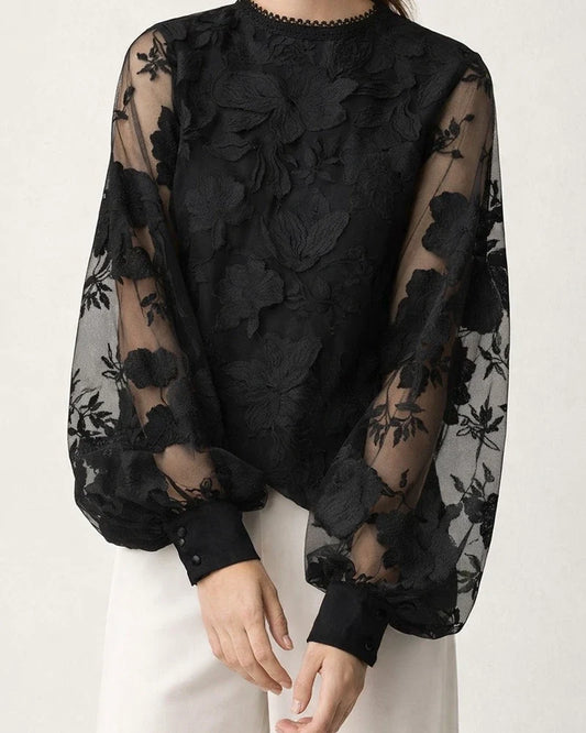 New Women's Lace Bubble Sleeve Transparent Round Neck Embroidered Solid Color One Button Long Sleeve Sexy Blouse Slim Type Blouse | JRSEE:ec3a6373-d2b6-4174-b7ab-ce603f11b109