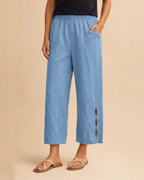 New Women's Pants Cotton Linen Solid Color Casual Side Pockets Leg Hollow Button Pants | JRSEE:19af331a-586f-4513-b7a7-ee6e78b20bc6