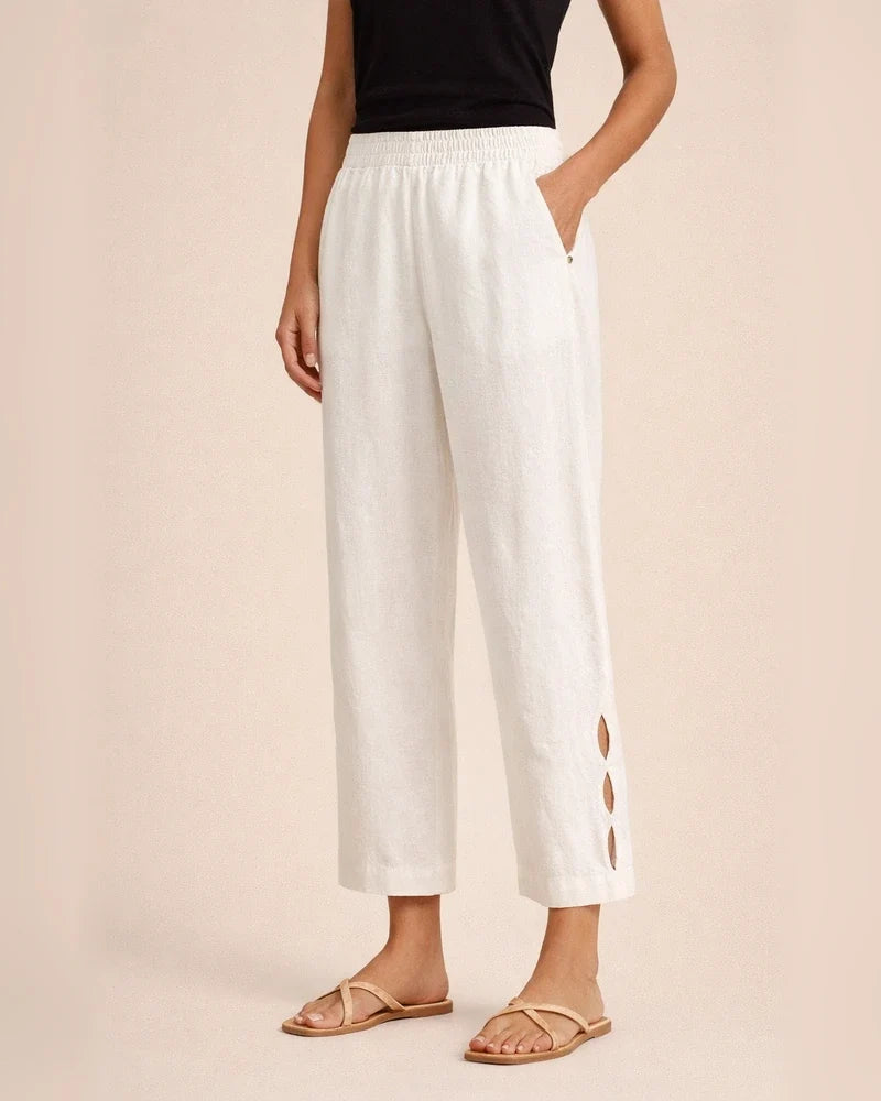 New Women's Pants Cotton Linen Solid Color Casual Side Pockets Leg Hollow Button Pants | JRSEE:4b352c33-c732-44bc-bd8a-e5fb61d1e2f7