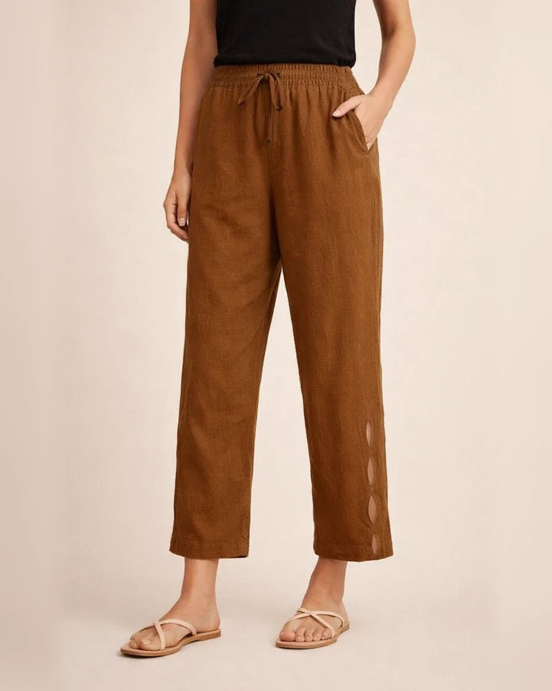 New Women's Pants Cotton Linen Solid Color Casual Side Pockets Leg Hollow Button Pants | JRSEE:fb204eaf-fd6a-450b-8f26-398a7739dd95