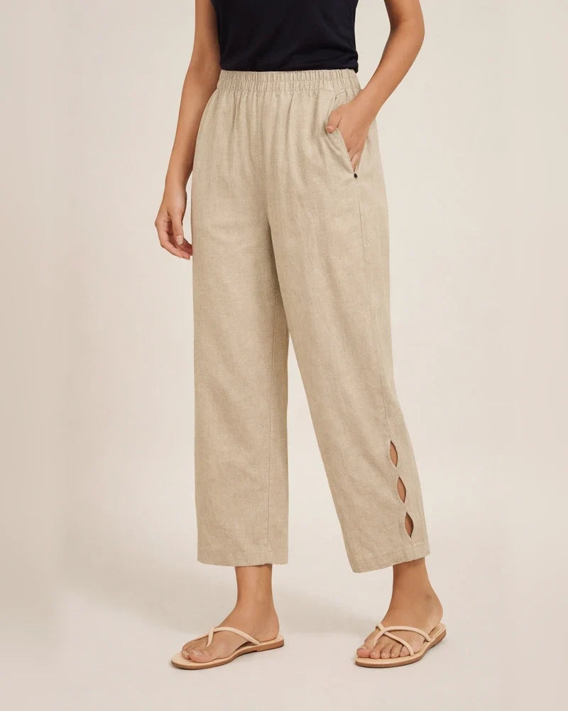 New Women's Pants Cotton Linen Solid Color Casual Side Pockets Leg Hollow Button Pants | JRSEE:f0607926-a5fd-4d19-be0e-b69ae00ed9df