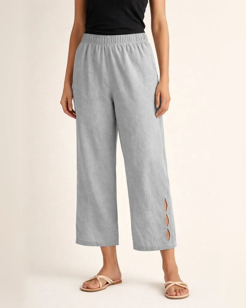 New Women's Pants Cotton Linen Solid Color Casual Side Pockets Leg Hollow Button Pants | JRSEE:a0908891-68b2-4f5a-9c04-bce33f70969e