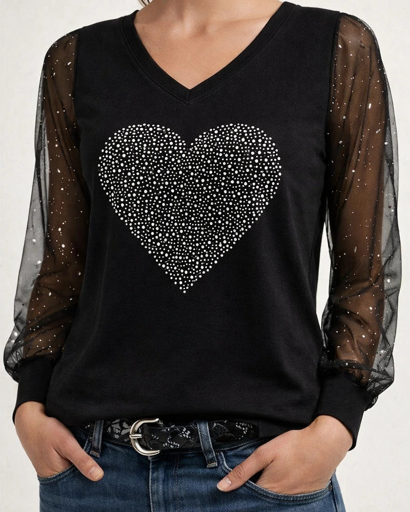 New Women's Rhinestone Heart Mesh Long-Sleeve T-shirt | JRSEE:99258414-fe0d-43dd-be35-d13d1b5400d1