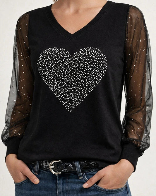 New Women's Rhinestone Heart Mesh Long-Sleeve T-shirt | JRSEE:99258414-fe0d-43dd-be35-d13d1b5400d1