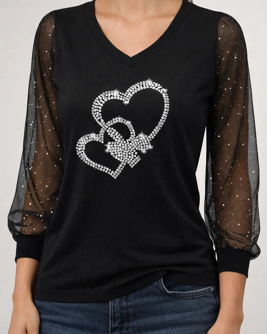 New Women's Rhinestone Heart Mesh Long-Sleeve T-shirt | JRSEE:5961cdf7-b756-4a91-9453-e59ee8b04111