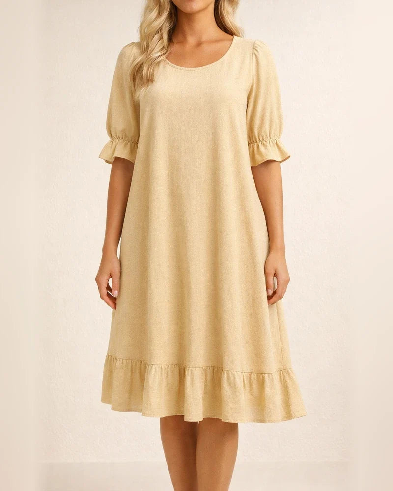 New Women's Round Neck Casual Loose Pleated Solid Color Cotton Dresses | JRSEE:92e75733-0f02-4901-aa46-34635fdfa89c