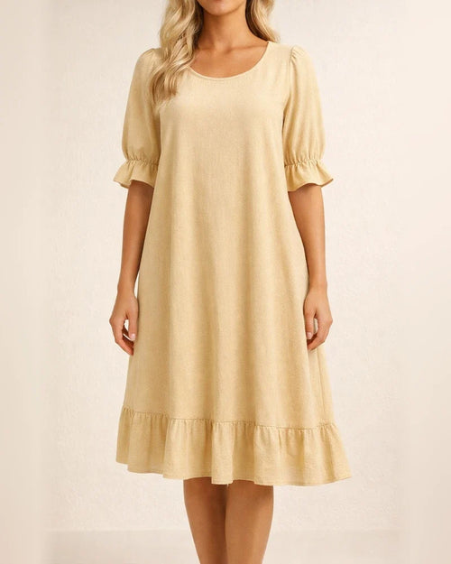 New Women's Round Neck Casual Loose Pleated Solid Color Cotton Dresses | JRSEE:92e75733-0f02-4901-aa46-34635fdfa89c