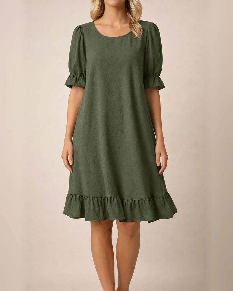 New Women's Round Neck Casual Loose Pleated Solid Color Cotton Dresses | JRSEE:6061616a-8035-4e29-aeeb-37ffa56fe59f