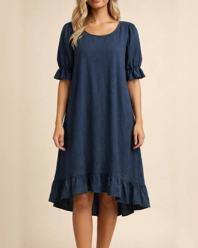 New Women's Round Neck Casual Loose Pleated Solid Color Cotton Dresses | JRSEE:de828e20-41f9-4d93-a26b-399e21780989