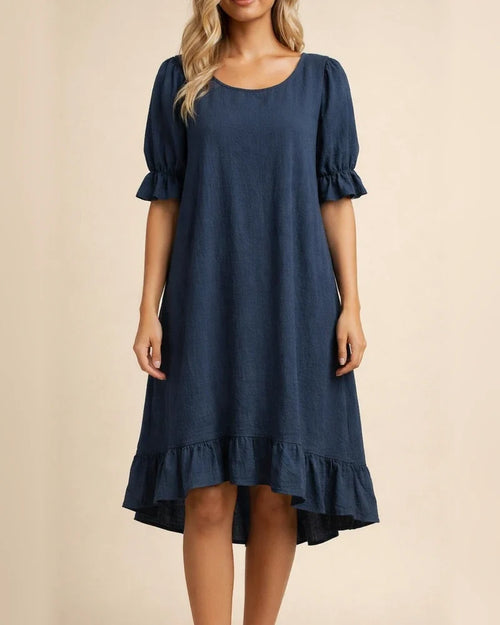 New Women's Round Neck Casual Loose Pleated Solid Color Cotton Dresses | JRSEE:de828e20-41f9-4d93-a26b-399e21780989