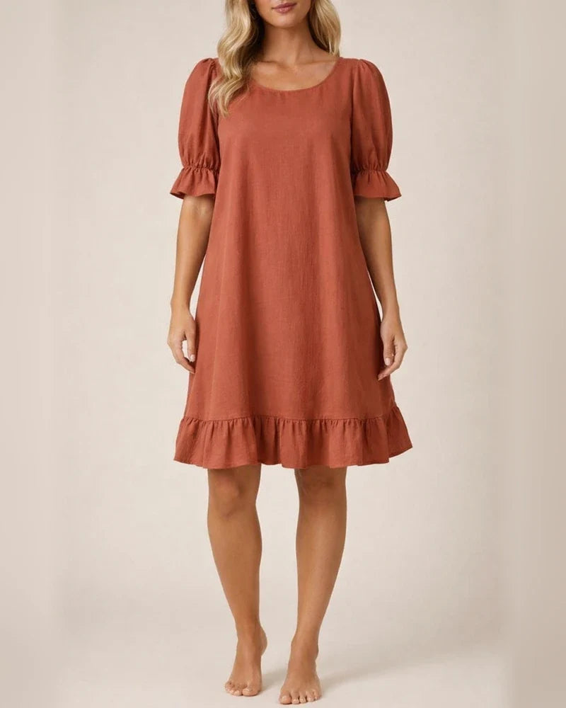 New Women's Round Neck Casual Loose Pleated Solid Color Cotton Dresses | JRSEE:69a48ade-c3c7-4306-b543-360b2ce924c8
