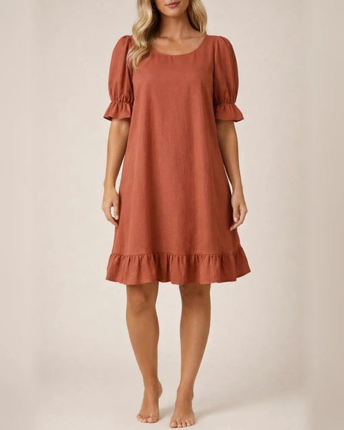 New Women's Round Neck Casual Loose Pleated Solid Color Cotton Dresses | JRSEE:69a48ade-c3c7-4306-b543-360b2ce924c8