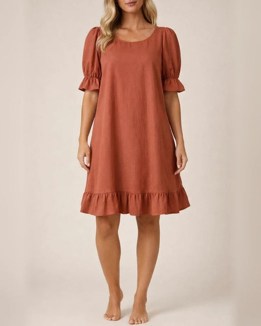 New Women's Round Neck Casual Loose Pleated Solid Color Cotton Dresses | JRSEE:69a48ade-c3c7-4306-b543-360b2ce924c8