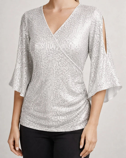 New Women's Sequins Seven Points Flared Sleeves V-Neck Slim Glitter Party Dress Top | JRSEE:3ac5a0ac-a5b5-4a91-b44c-6a747e7be5bf