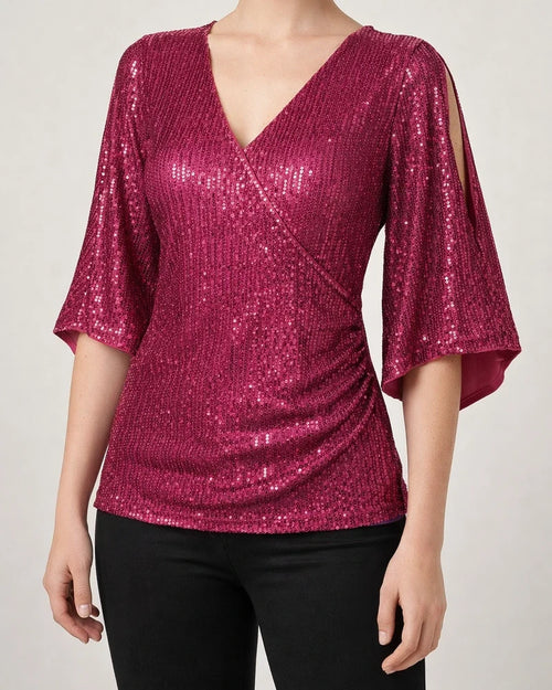 New Women's Sequins Seven Points Flared Sleeves V-Neck Slim Glitter Party Dress Top | JRSEE:fdbc532f-c235-446d-af87-a5f9120631bd