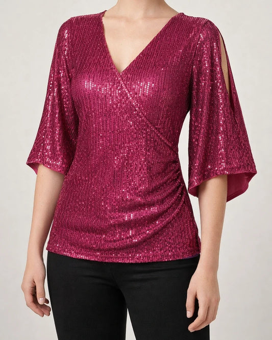 New Women's Sequins Seven Points Flared Sleeves V-Neck Slim Glitter Party Dress Top | JRSEE:fdbc532f-c235-446d-af87-a5f9120631bd
