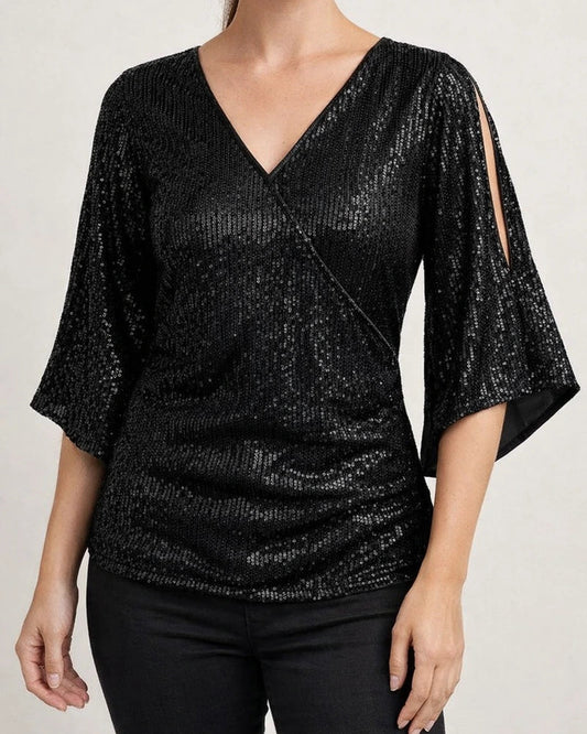 New Women's Sequins Seven Points Flared Sleeves V-Neck Slim Glitter Party Dress Top | JRSEE:f22a43cd-197c-47ec-b5c7-b6b9ec35e35f