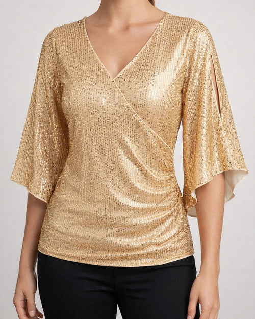 New Women's Sequins Seven Points Flared Sleeves V-Neck Slim Glitter Party Dress Top | JRSEE:bed7d1e0-e82f-4a20-8f2a-4236d315e1f7