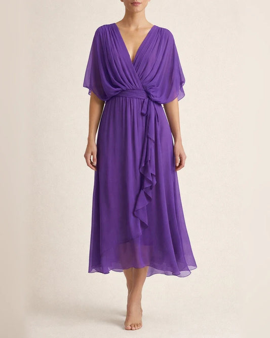 New Women's Solid Color Tie Long Bat Sleeve Irregular Dress Large Size Five Points Sleeve Dresses | JRSEE:33d706eb-e670-4626-92e3-5f675f0a96a7