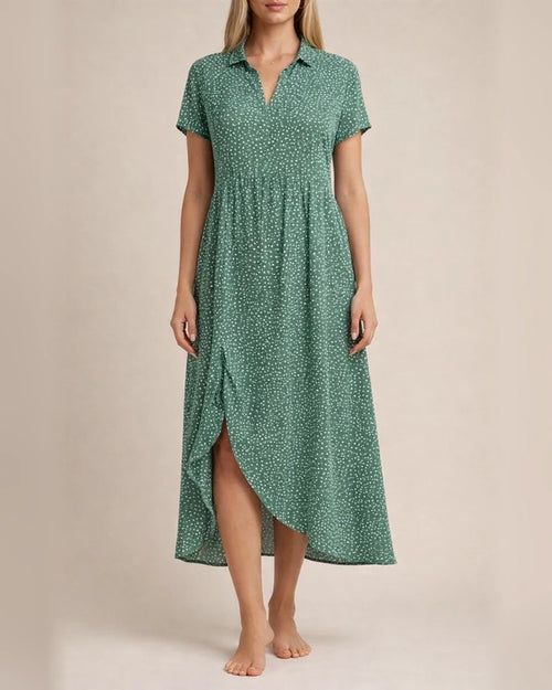 New Women's Summer Long Dress Casual Loose V-neck Short-sleeved Printed Polka Dot Shirt Dresses | JRSEE:6a284ed2-574b-496c-bfe4-f38893b4e427