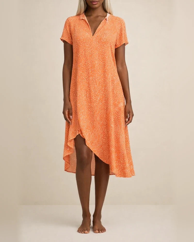 New Women's Summer Long Dress Casual Loose V-neck Short-sleeved Printed Polka Dot Shirt Dresses | JRSEE:3fe26138-5855-41ff-af1b-0c70a60f720e
