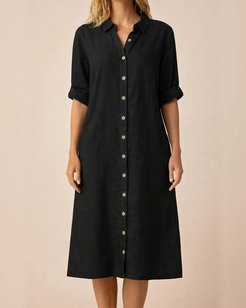 New Women's Summer Shirt Collar Medium-sleeved Large Round Button Cotton Dresses | JRSEE:db9376a1-bc5b-4e44-b2a8-451171c6c2e6