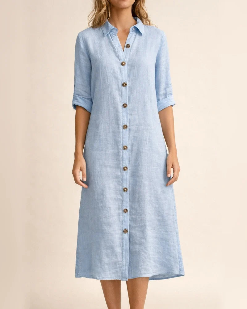 New Women's Summer Shirt Collar Medium-sleeved Large Round Button Cotton Dresses | JRSEE:2cc87975-a524-4f64-8faf-a3a01d2d4f80