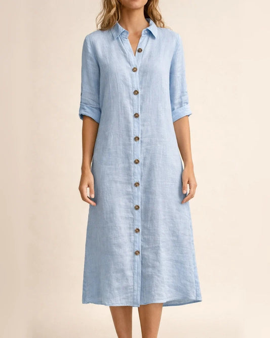 New Women's Summer Shirt Collar Medium-sleeved Large Round Button Cotton Dresses | JRSEE:2cc87975-a524-4f64-8faf-a3a01d2d4f80