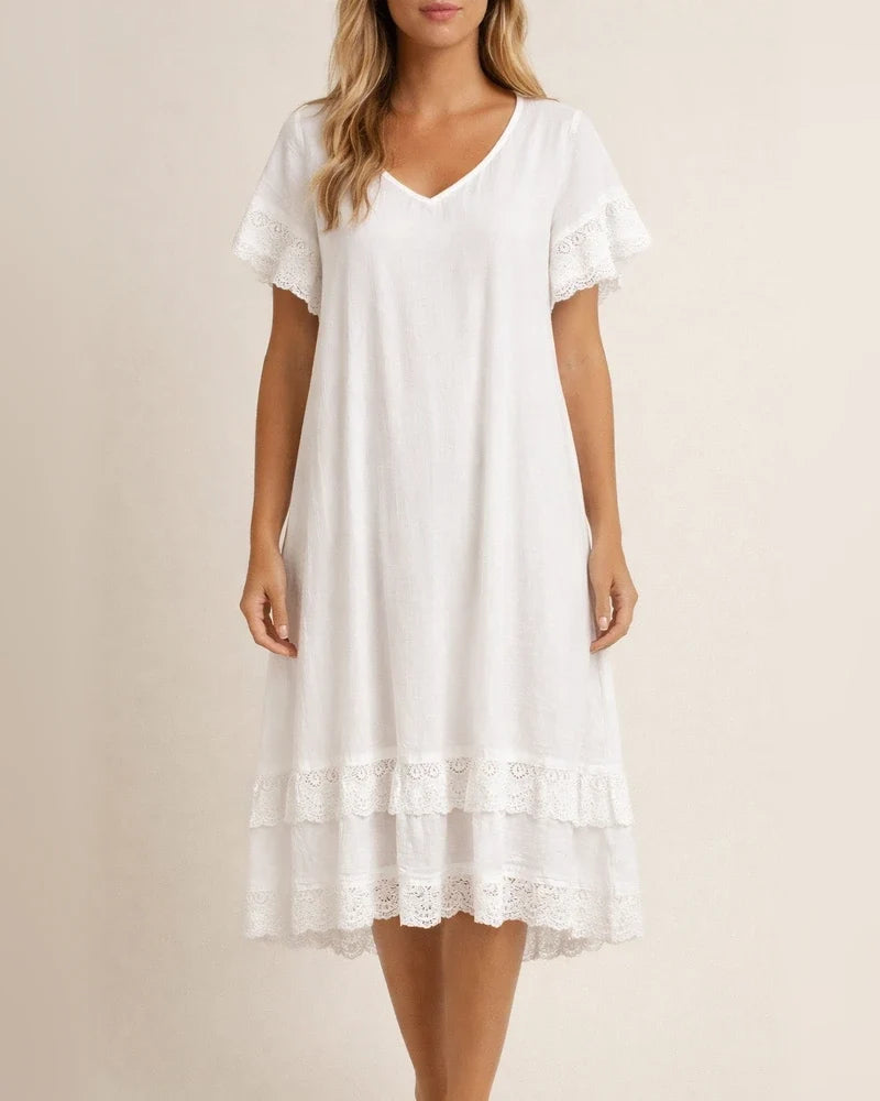 New Women's Summer V-neck Chiffon Lace Splicing White Short-sleeved Dresses | JRSEE:5e7785a3-e745-4fe4-8b2e-301a20fedf93