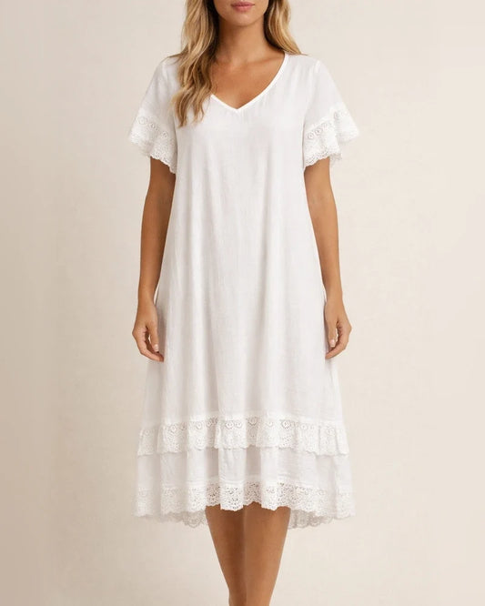 New Women's Summer V-neck Chiffon Lace Splicing White Short-sleeved Dresses | JRSEE:5e7785a3-e745-4fe4-8b2e-301a20fedf93