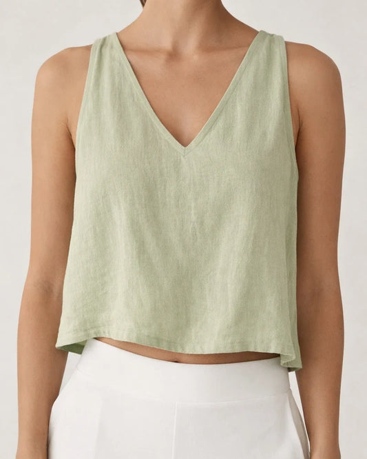 New Women's V-neck Cropped Cotton-Linen Tank Top / Summer Sleeveless Shirt | JRSEE:4f28b9a1-8dd9-49a1-9497-588b8ff50489
