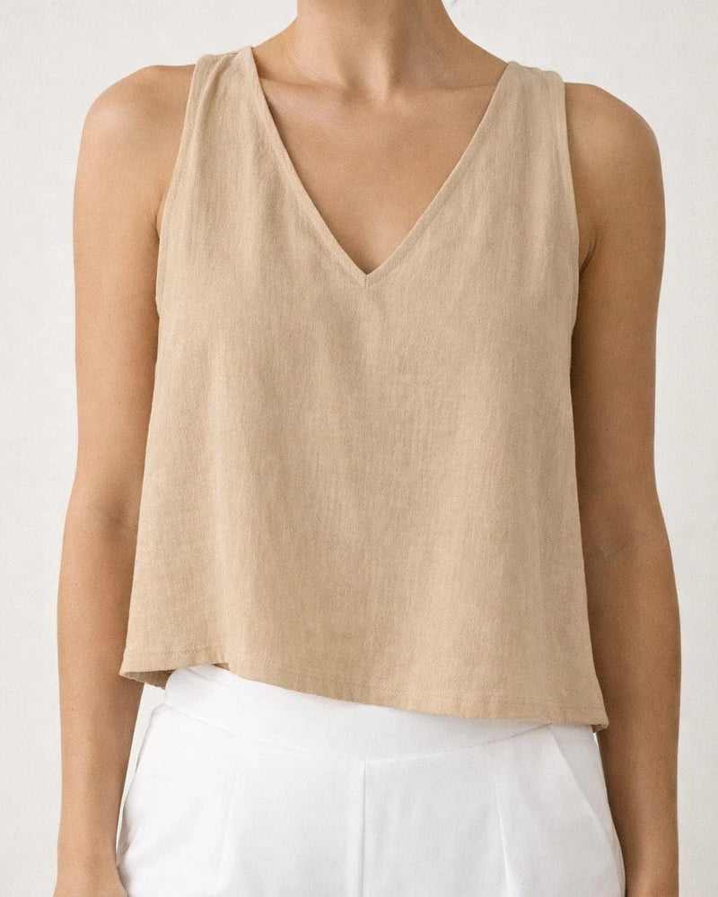 New Women's V-neck Cropped Cotton-Linen Tank Top / Summer Sleeveless Shirt | JRSEE:ad880728-376a-406c-b24d-37a9bedc10f1
