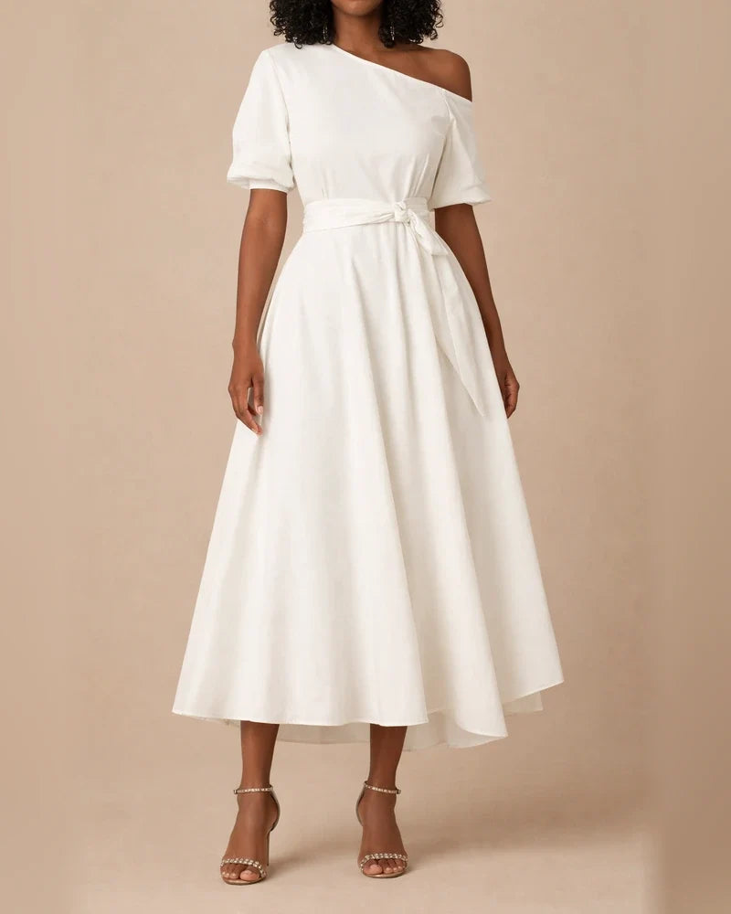 One Shoulder Lace Up Waist Length Dress White Dresses | JRSEE:13485617-0a58-49dd-aabe-1e486b7e671b