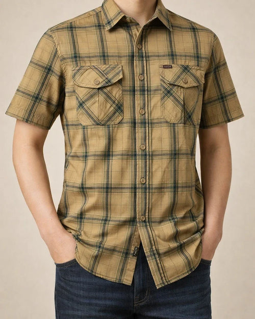 Plaid Printed Short-sleeved Shirt Men's Cotton Casual Big Yards Loose Plaid Lapel Shirt Thin Section of The Top Cardigan | JRSEE:e912e1d1-a574-4751-827f-8fd6fa7ea99d