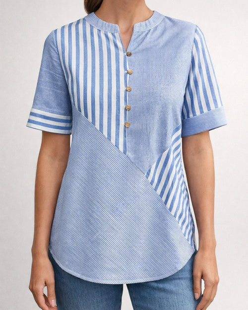 Plus Size Women's V-neck Shirt with Asymmetrical Striped Patchwork Cotton-Linen Top | JRSEE:2f5faeeb-6069-4ba1-96e8-46876efa01a6