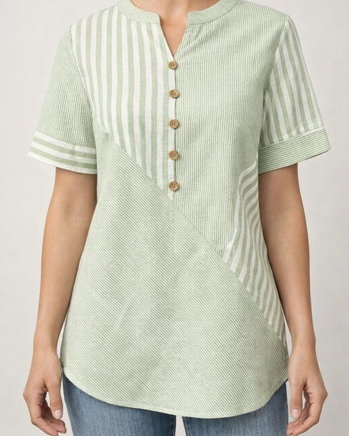Plus Size Women's V-neck Shirt with Asymmetrical Striped Patchwork Cotton-Linen Top | JRSEE:bcfa4c52-ee51-4a74-829b-d0da486d0bde