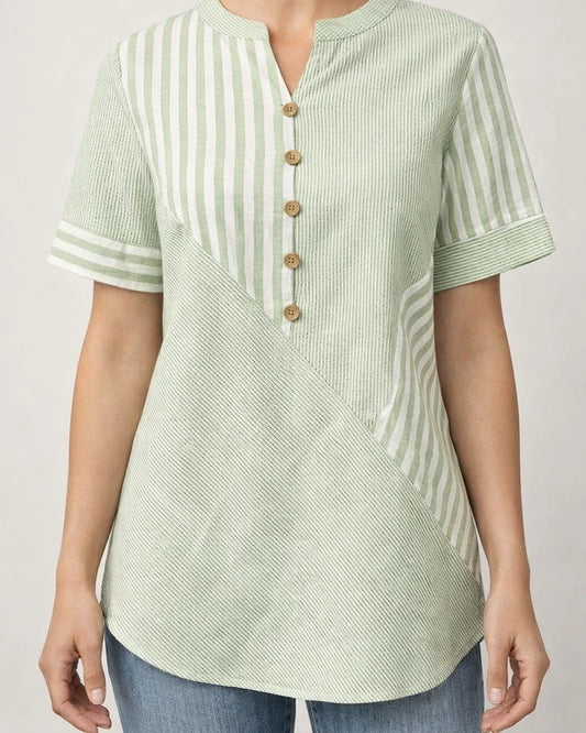 Plus Size Women's V-neck Shirt with Asymmetrical Striped Patchwork Cotton-Linen Top | JRSEE:bcfa4c52-ee51-4a74-829b-d0da486d0bde