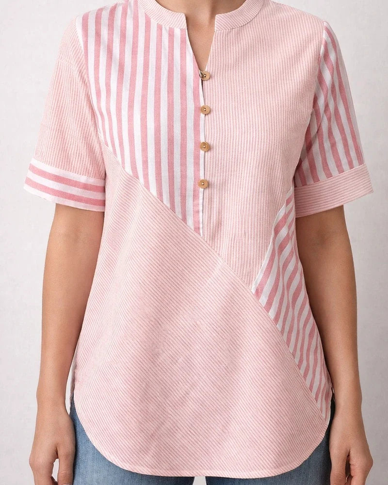 Plus Size Women's V-neck Shirt with Asymmetrical Striped Patchwork Cotton-Linen Top | JRSEE:c850d5b9-7e27-4309-b3bd-e44c6b8b0ef7