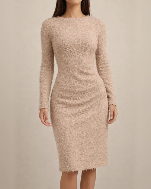 Plush Long Sleeve Sexy Solid Color Waist Dress | JRSEE:ef327420-8bae-428e-bc9f-f226f7c06165