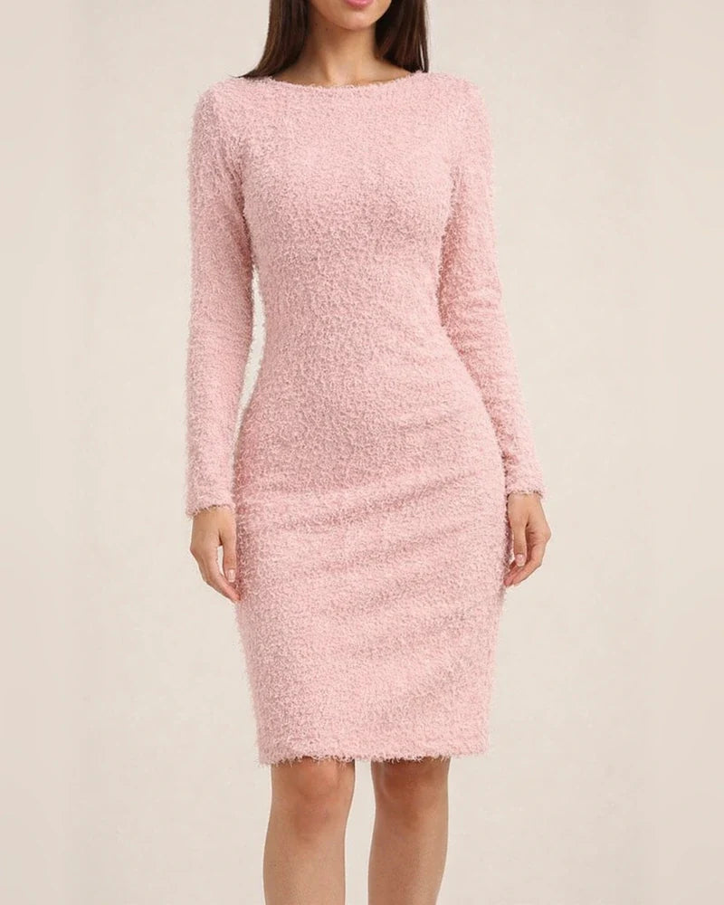 Plush Long Sleeve Sexy Solid Color Waist Dress | JRSEE:9e1db410-4a12-45e6-95e3-567b36cf2c7d