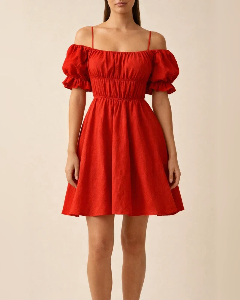 Sexy One-neck Off-the-shoulder Bubble Sleeve Elastic Waist Clear Big Swing Dress | JRSEE:3e3c8d7e-088f-4e45-b31b-a9704e837078