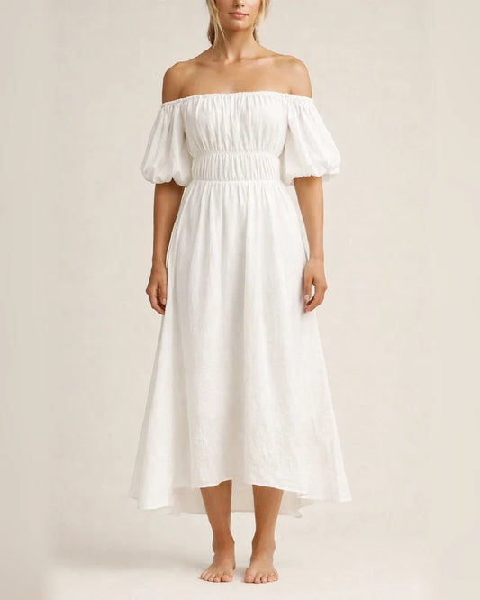 Sexy One-neck Off-the-shoulder Bubble Sleeve Elastic Waist Clear Big Swing Dress | JRSEE:d61061ab-b374-4195-b461-3e354238acae