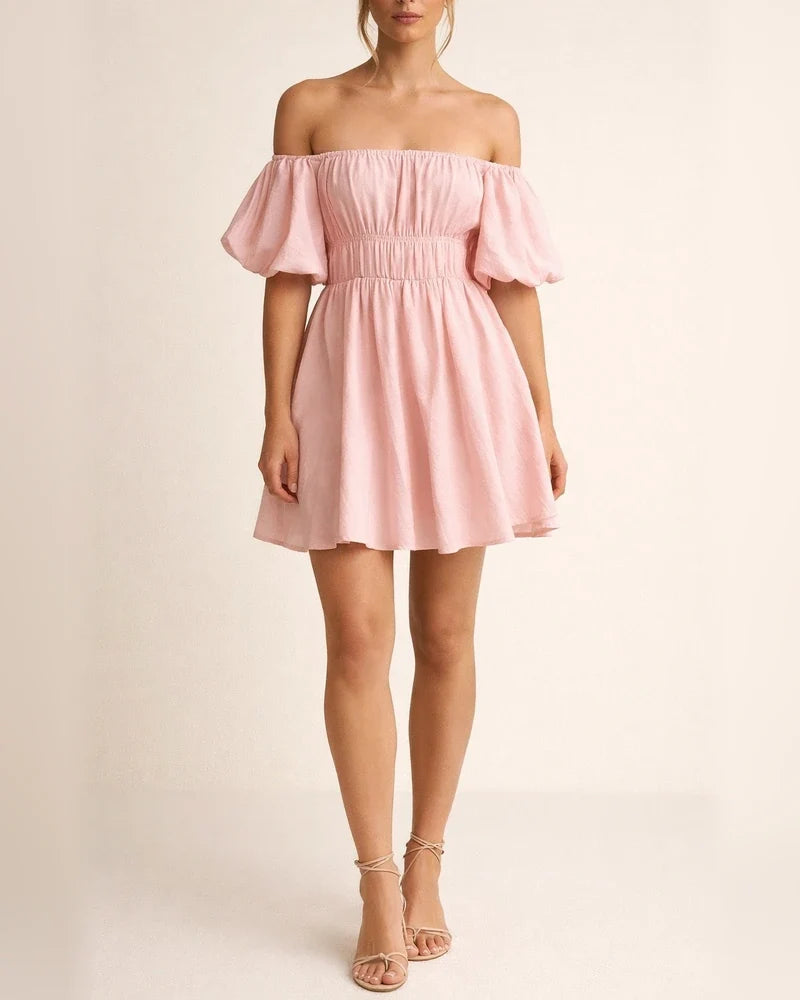 Sexy One-neck Off-the-shoulder Bubble Sleeve Elastic Waist Clear Big Swing Dress | JRSEE:8ddc38d4-a1f4-44c4-b36b-478d06be6a18